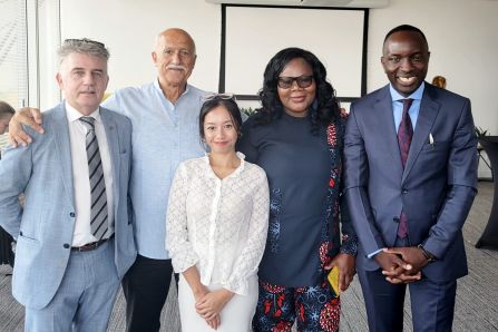 Image showing the representatives of three entrepreneurs including (from right to left) Harry Malichi, Wuchi Wami (Zambia), Thoko Chimasula, Tac-Maz Ventures (Malawi) and Hana Purnawaman, Sampangan (Indonesia) as well as Arab Hoballah, Executive Director of SEED and Yves Wantens, General Representative of the Government of Flanders in the US 